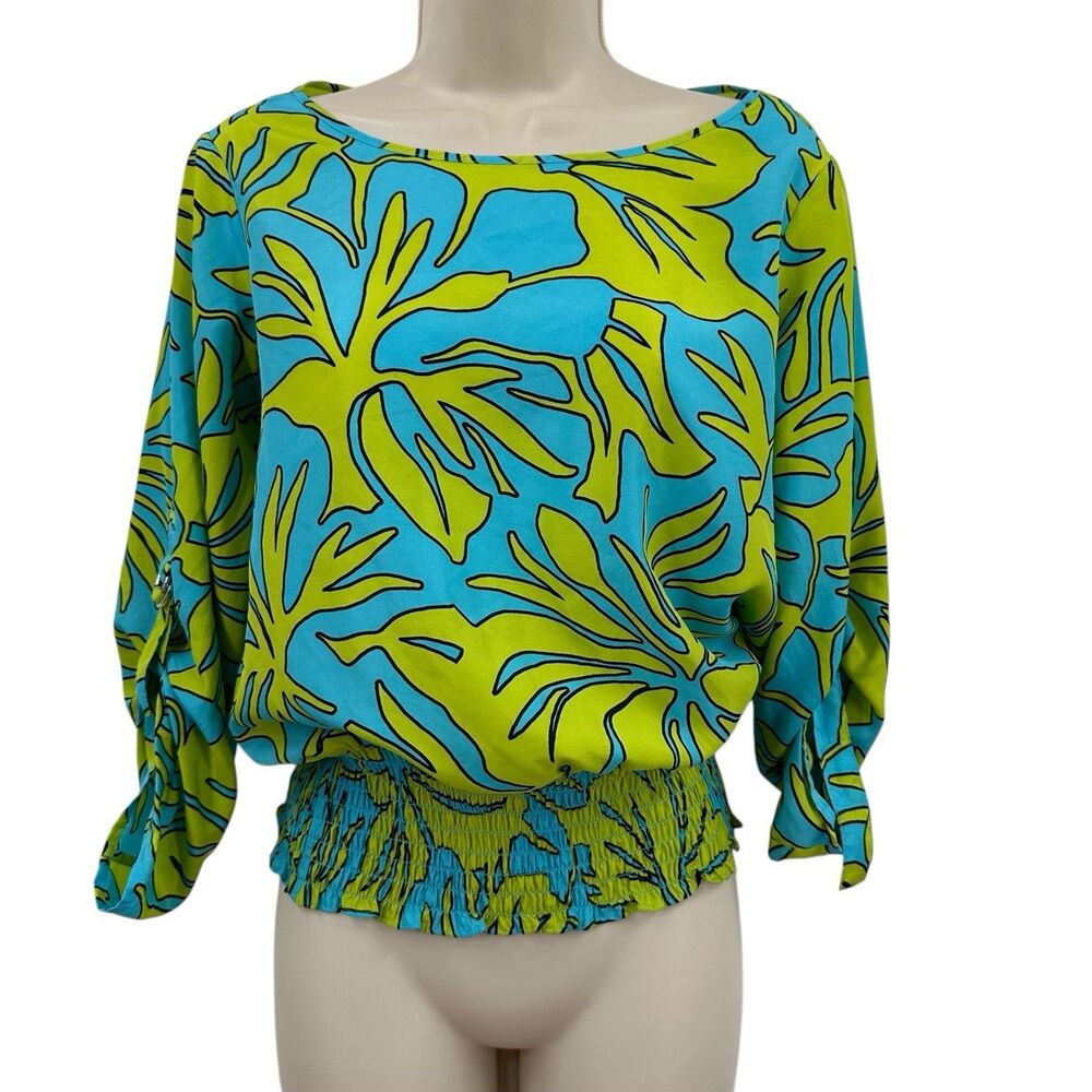 Michael Kors Peasant Blouse XS Blue Green Printed Tropical Vacation Beach Boat